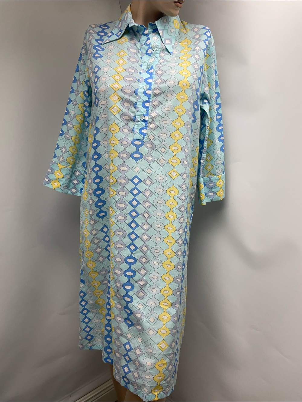 Averardo Bessi Light Blue Geometric Maxi Dress, Collared Long Sleeve, Size 14 - Picture 1 of 11